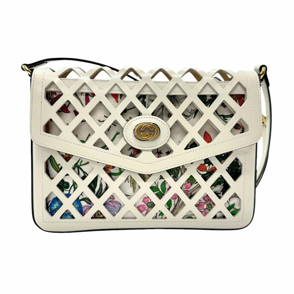 Gucci Flora Flower Crossbody Bag Leather Off White Multicolor Gold